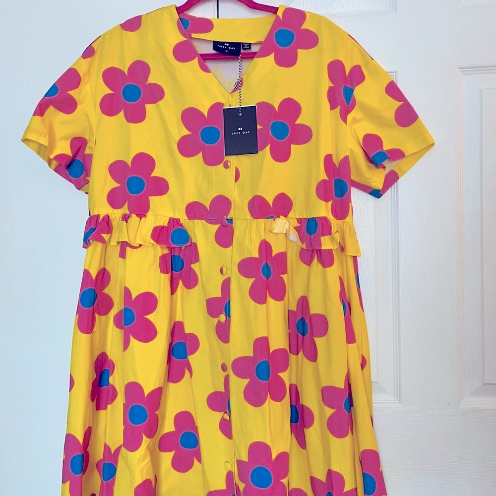 BNWT Lazy Oaf Yellow Oops a Daisy Smock Dress | Pink, Blue Floral Pattern | UK14